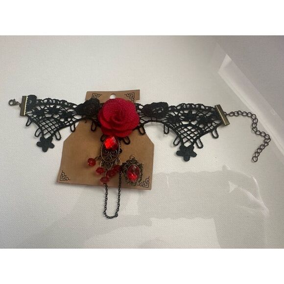Red Rose Black Lace Gothic Baddie Wristband Chain with Adjustable Ring - Picture 4 of 6